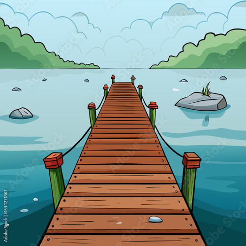 Long Wooden Pier Extending into Foggy Lake Vector illustration