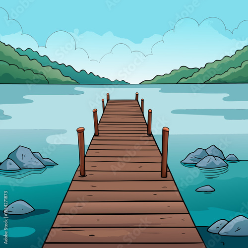 Long Wooden Pier Extending into Foggy Lake Vector illustration