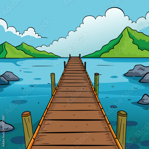 Long Wooden Pier Extending into Foggy Lake Vector illustration