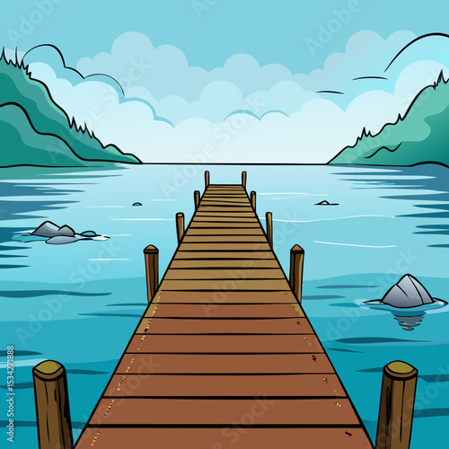 Long Wooden Pier Extending into Foggy Lake Vector illustration