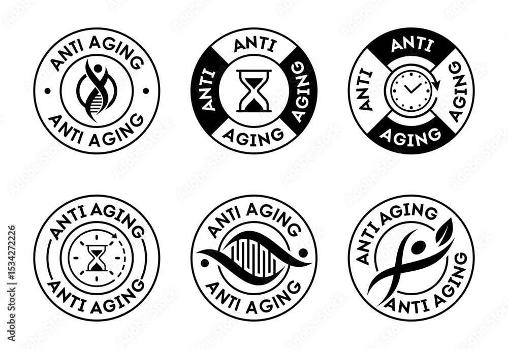 Obraz premium Anti aging icon set design. Anti aging badge label sign black on white background