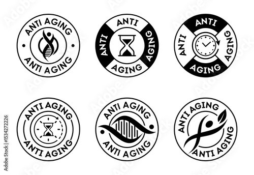 Anti aging icon set design. Anti aging badge label sign black on white background