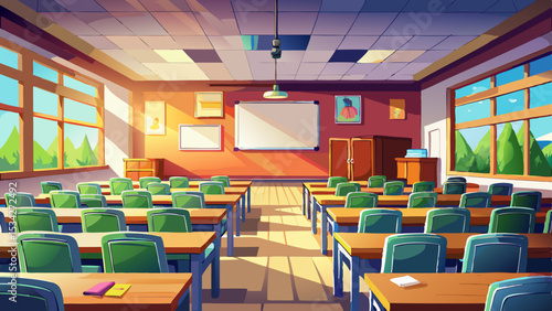 In this illustration of well lit spacious hall for lectures and presentations, soft shadows enhance the classroom with whiteboard indoor background. Perfect balance of form, function, and educational 
