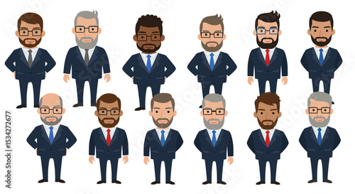 Diverse team of cartoon business professionals in suits, portraying corporate collaboration