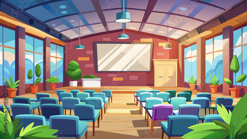 In this illustration of well lit spacious hall for lectures and presentations, soft shadows enhance the classroom with whiteboard indoor background. Perfect balance of form, function, and educational 