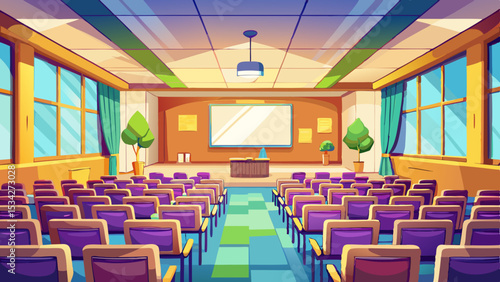 In this illustration of well lit spacious hall for lectures and presentations, soft shadows enhance the classroom with whiteboard indoor background. Perfect balance of form, function, and educational 