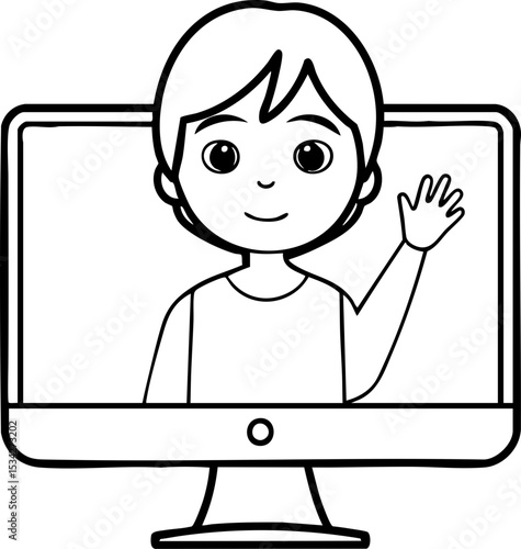 A child with short hair waves from inside a computer screen in this black-and-white line drawing.