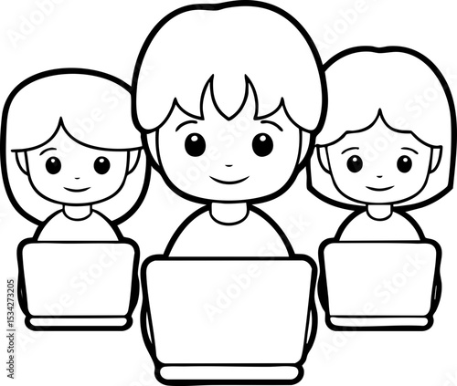 Three children smiling while using laptops, depicted in a simple black and white cartoon style.