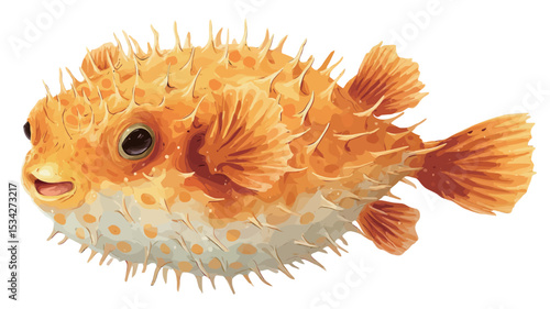 A digital illustration of a cartoonish orange pufferfish. The fish is depicted in a side profile view, swimming towards the right. Its body is predominantly orange with white underbelly and small,