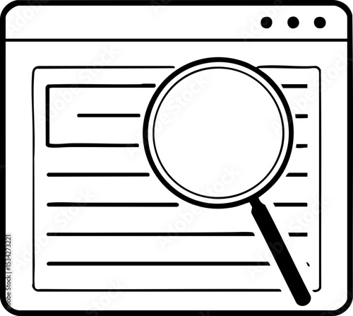 A black and white line art illustration of a web browser with a magnifying glass enlarging part of the text.