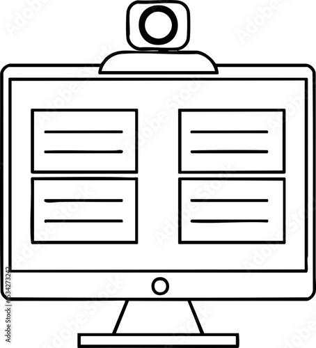 A simple black and white line drawing of a computer monitor with a webcam on top and four text boxes displayed on the screen.