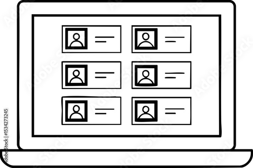 A laptop screen displaying a user interface with six profile cards arranged in two columns, each card showing a user icon and text lines.