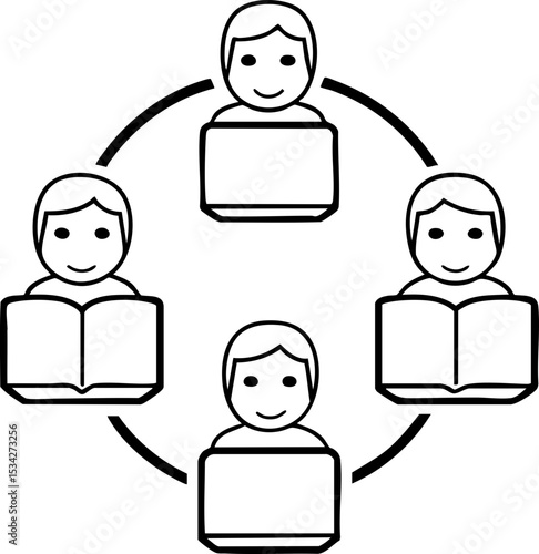 Simple black and white illustration showing four people connected in a circle, each working on laptops or reading books, symbolizing collaboration and learning.