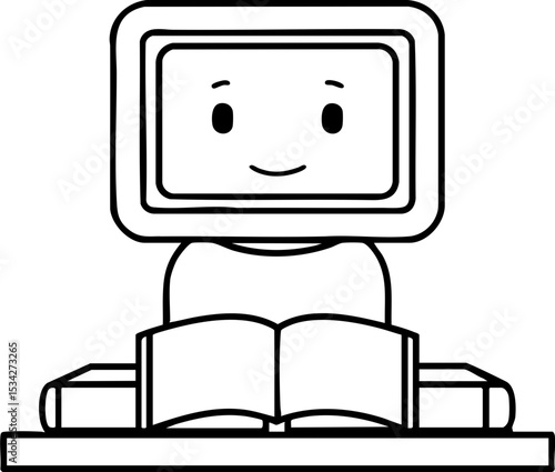 A simple black-and-white illustration of a smiling computer with a book, symbolizing learning or education through technology.