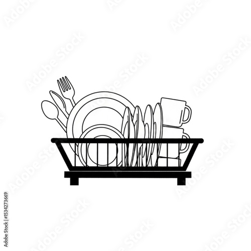 Dish rack with clean dishes, representing dishwashing, cleanliness, and kitchen organization.