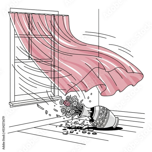  Window curtain flying from wind, with a flowerpot knocked down, symbolizing windy accident.