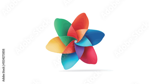A digital illustration depicting a stylized pinwheel. The pinwheel has six petals, each a different bright color of the rainbow spectrum (red, orange, yellow, green, blue, purple). The petals are