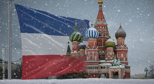 Serbia Flag Over St Basils Cathedral Moscow Winter Snow
