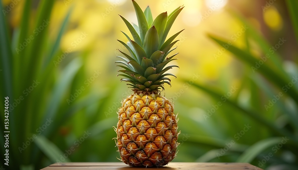 Fototapeta premium Pineapple fruit with green leaves on a wooden table outdoors.