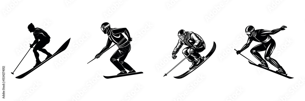 Obraz premium Winter sport vector illustration of skiers and snowboarders in action, with one jumping, all in dynamic black silhouettes Set