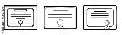 Three black and white line art certificates with decorative borders and ribbons at the bottom.