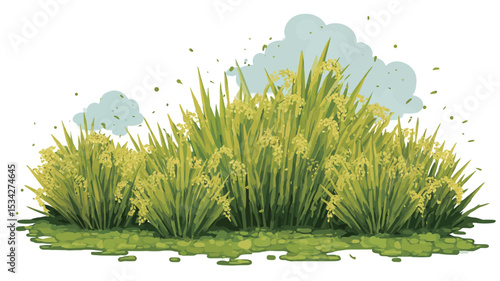 A digital illustration depicting a lush clump of rice plants.  The plants are primarily green with yellowing grains visible at the tops. The rice is depicted in a stylized, slightly cartoonish