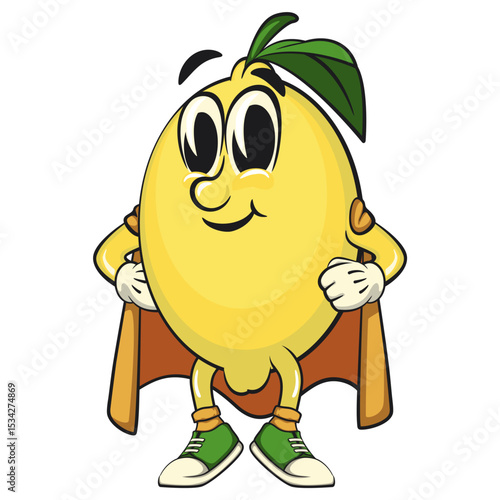 superhero lemon mascot cartoon, fun fruit character with cape and sneakers, work of hand drawn