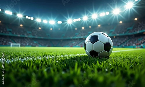 Photorealistic soccer ball on vibrant turf grass in stadium setting with dramatic lighting perspective