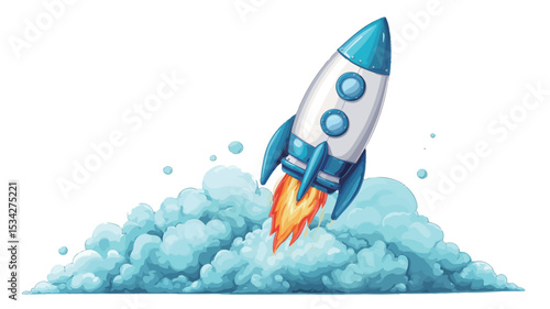A digital illustration of a cartoon rocket launching. The rocket is primarily blue and white with orange flames at its base.  It is depicted ascending through a puff of light blue smoke or clouds