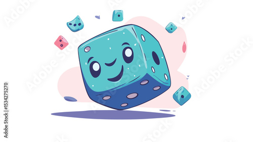 The image is a digital illustration of a stylized, cartoonish blue cube resembling a die. The cube has a happy, smiling face with large eyes and a simple mouth.  It's depicted floating against a