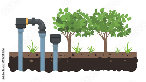 A vector illustration depicting a cross-section of an underground irrigation system.  The image shows dark brown soil with light brown topsoil. Three green leafy trees are depicted with small