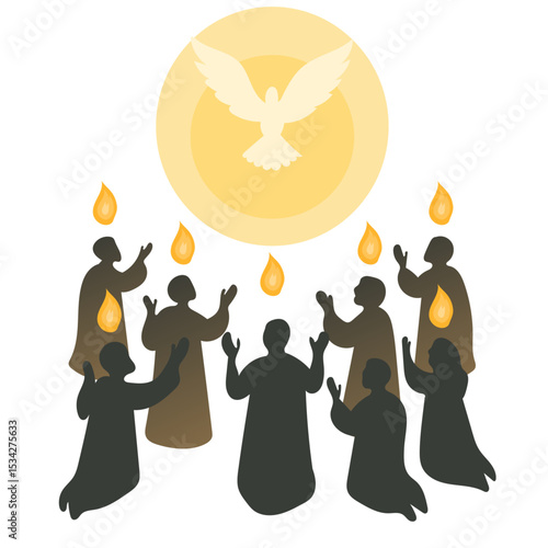 Vector illustration of Pentecost showing disciples receiving the Holy Spirit fire, symbolized by flames and a dove from heaven.