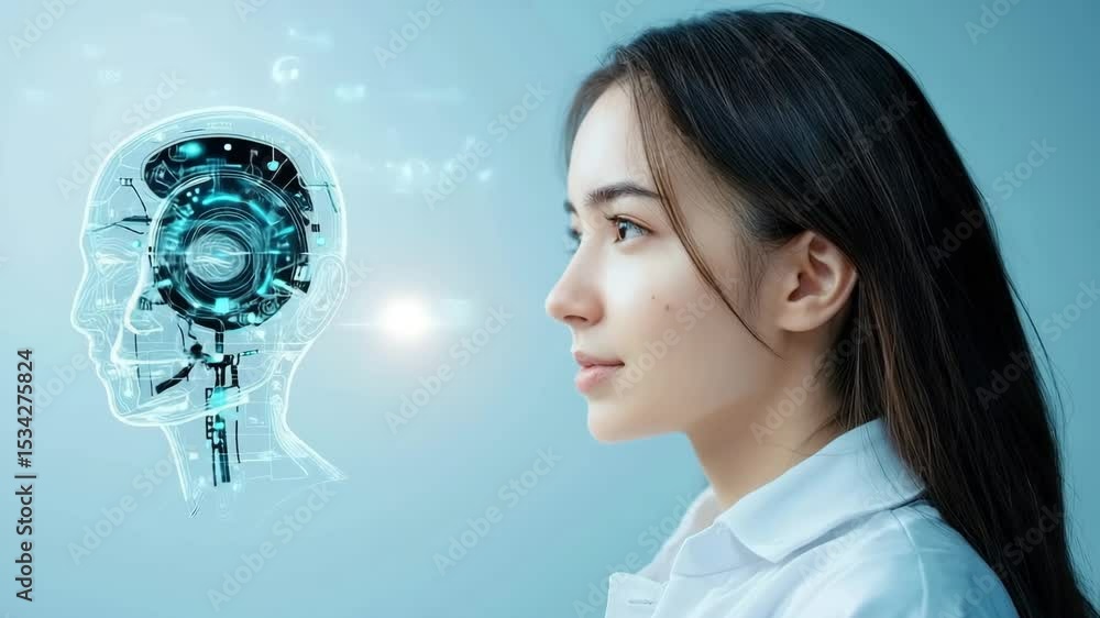 Young female adult scientist in white coat looking at digital artificial intelligence brain and head interface, futuristic AI technology concept, innovation, curiosity, and science inspiration Young female adult scientist in white coat looking at digital artificial intelligence brain and head interface, futuristic AI technology concept, innovation, curiosity, and science inspiration