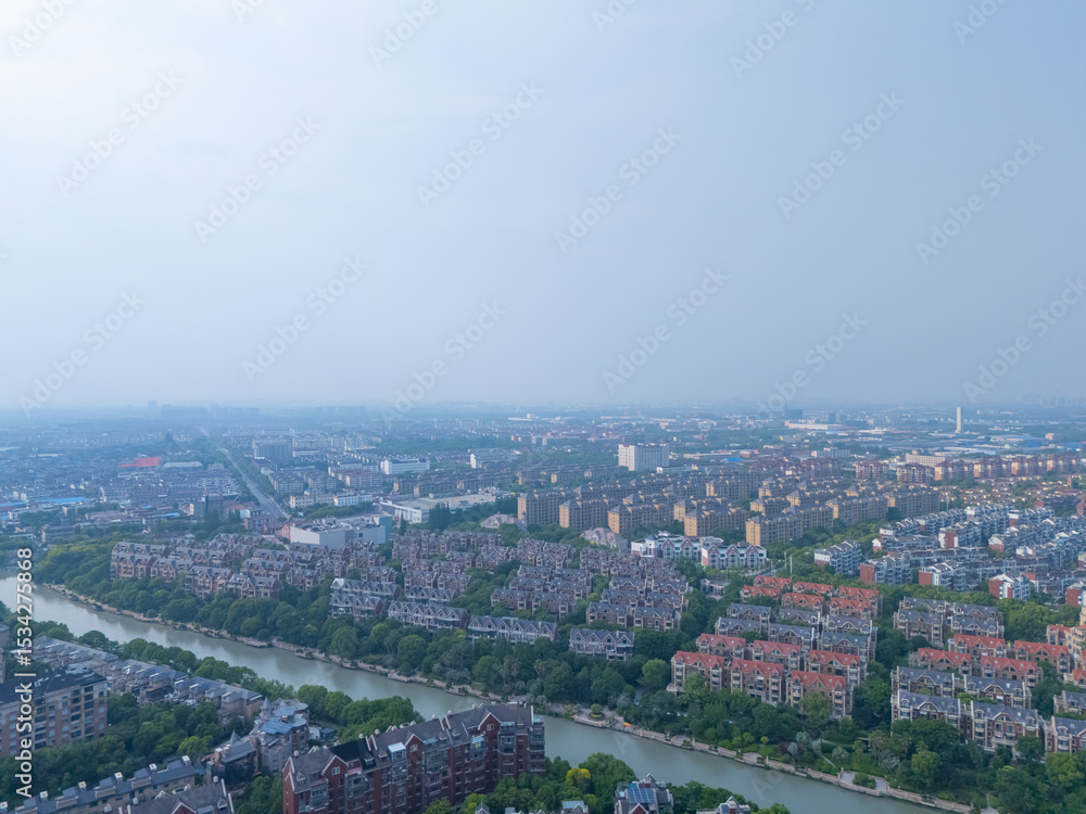 Obraz premium aerial view of urban scenery in the suburbs and beautiful villa area, Shanghai.