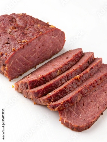 Sliced corned beef on a white surface close up