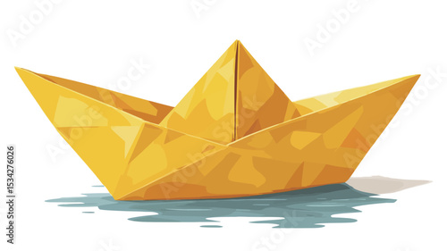 The image is a digital illustration of a golden yellow origami paper boat floating on a light blue-grey body of water. The boat is meticulously folded, showing sharp creases and a glossy,