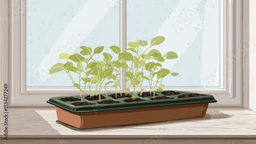 A close-up shot depicts a rectangular terracotta-colored seed tray containing numerous small green seedlings. The tray sits on a light-colored windowsill in front of a bright window. The seedlings