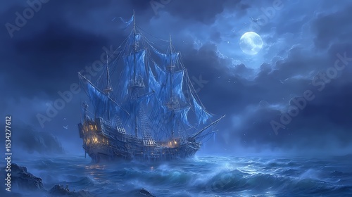 Ghost Ship with Night Sea, Moon, and Fantasy Art.