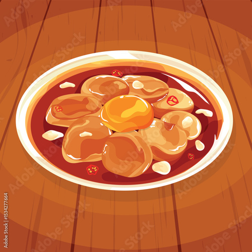 Appetizing illustration of marinated scallops (or soy-marinated scallops) with a bright egg yolk, chili, and garlic. This popular Asian delicacy is perfect for culinary, food, and restaurant-themed de