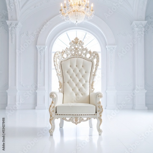 Ornate white and gold throne chair in a bright white room with a chandelier and arched window behind