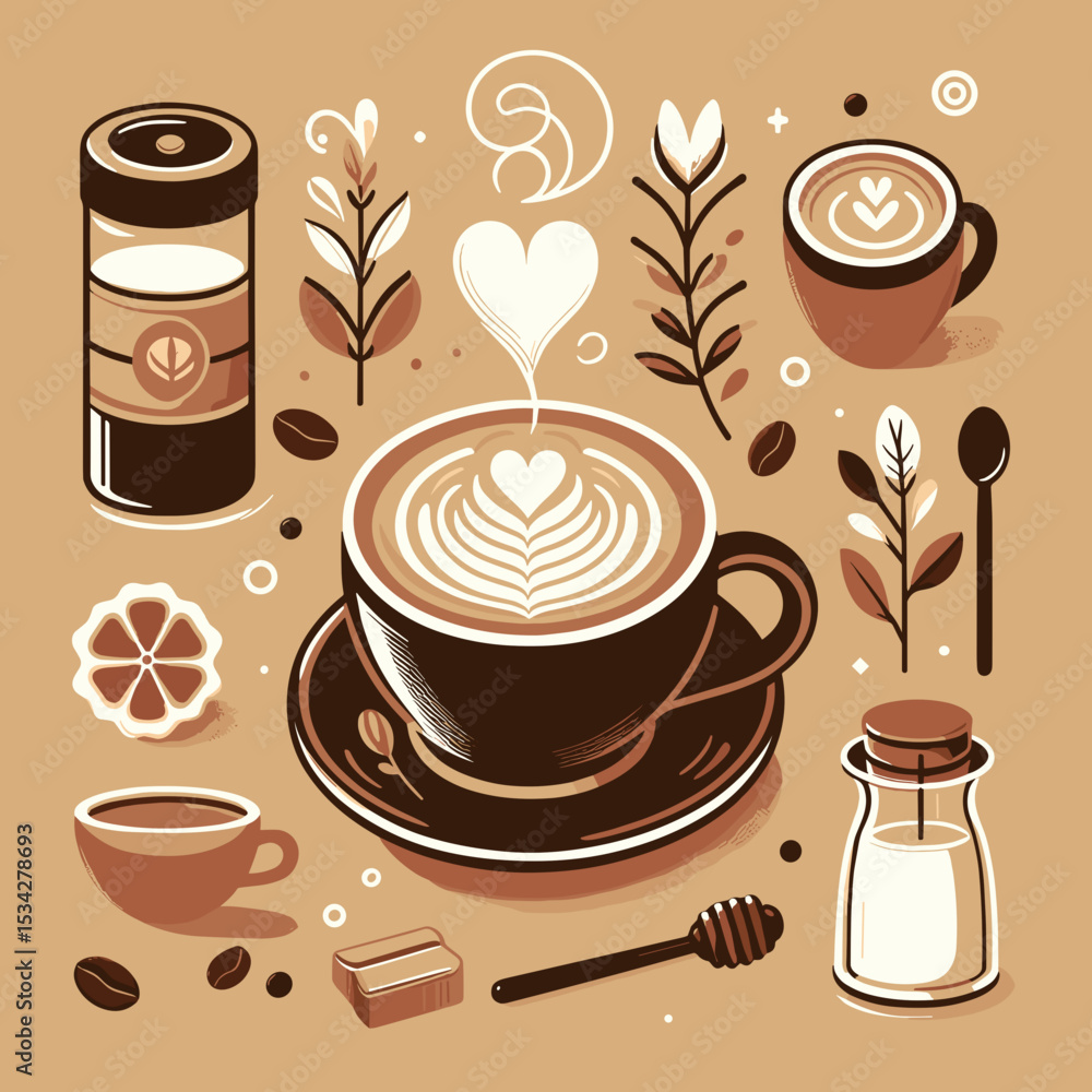 Obraz premium Artistic coffee cup with latte art in a warm colors theme surrounded by dessert and botanical elements