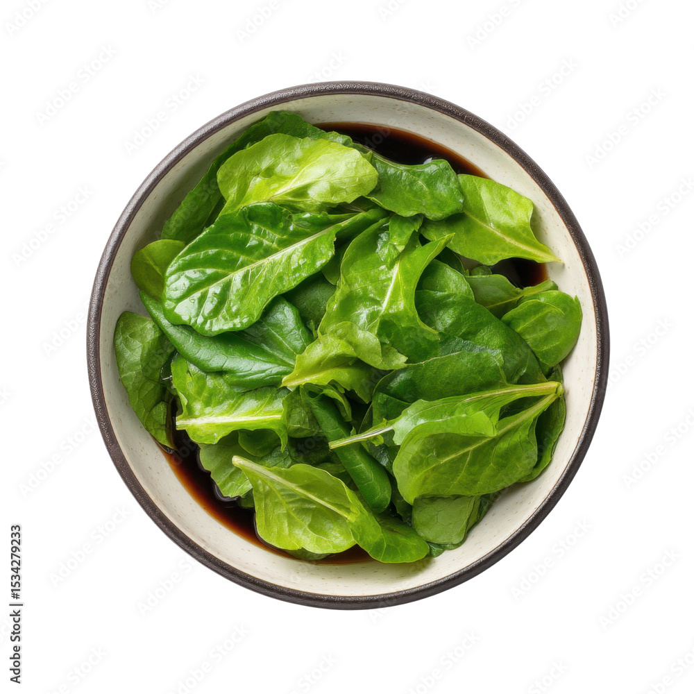 Fresh Spinach Leaves in Bowl with Dark Sauce on White Background Perfect for Healthy Living and Cooking Transparent background or png Fresh Spinach Leaves in Bowl with Dark Sauce on White Background Perfect for Healthy Living and Cooking Transparent background or png