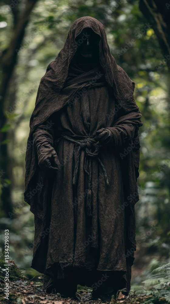 Mysterious Hooded Figure in Dark Forest Mysterious Hooded Figure in Dark Forest