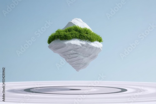 White Island Levitating Above Water with Green Vegetation