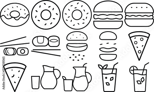 Set of Line Art Icons for Donuts, Burgers, and Beverages