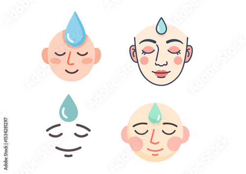 Relaxed face illustration with a drop of sweat, symbolizing stress relief in soft pastel palette
