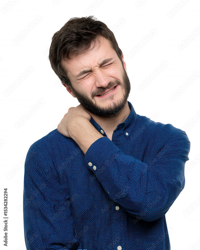 Bearded Man Clutching Neck in Pain - Isolated on White Bearded Man Clutching Neck in Pain - Isolated on White