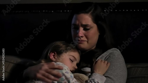 A young stepmother holds her sleeping stepdaughter, the night lights are dim.