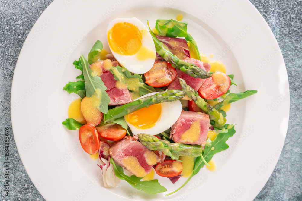 Elegant Niçoise portion with eggs, tuna, arugula, asparagus, cherry tomatoes, white plate Elegant Niçoise portion with eggs, tuna, arugula, asparagus, cherry tomatoes, white plate