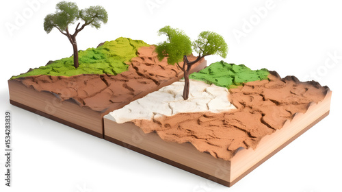 Miniature Landscape with Drought Earth and Trees in Studio Shot